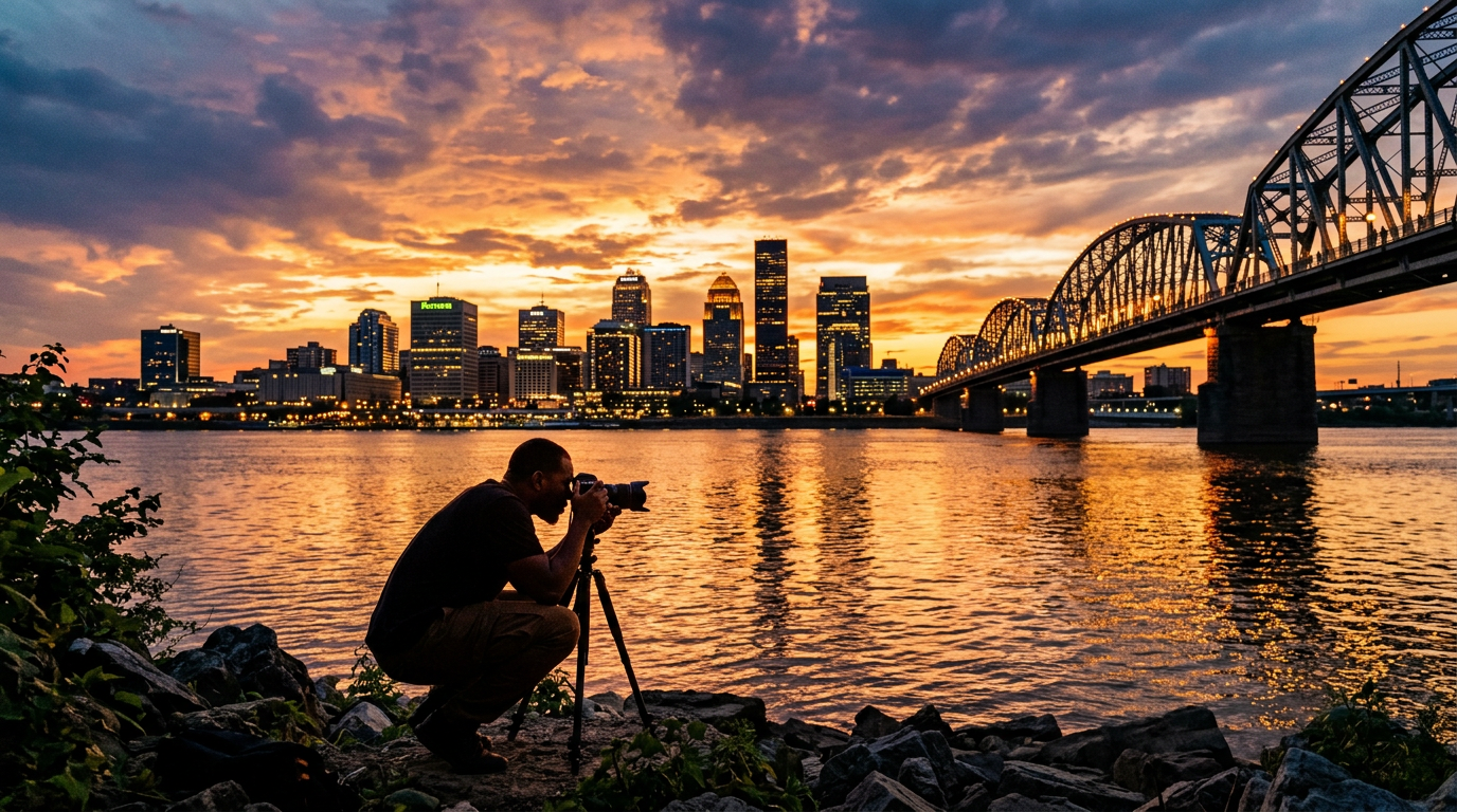 Photographer crouching to shoot the Louisville skyline at sunset
