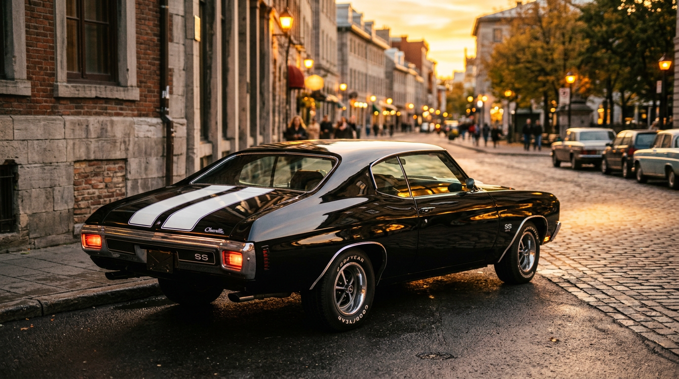 Black classic American muscle car with white racing stripes on a city street at golden hour