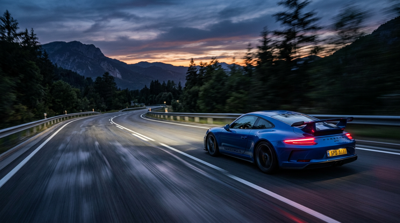 Blue performance sports car driving fast with motion blur at dusk