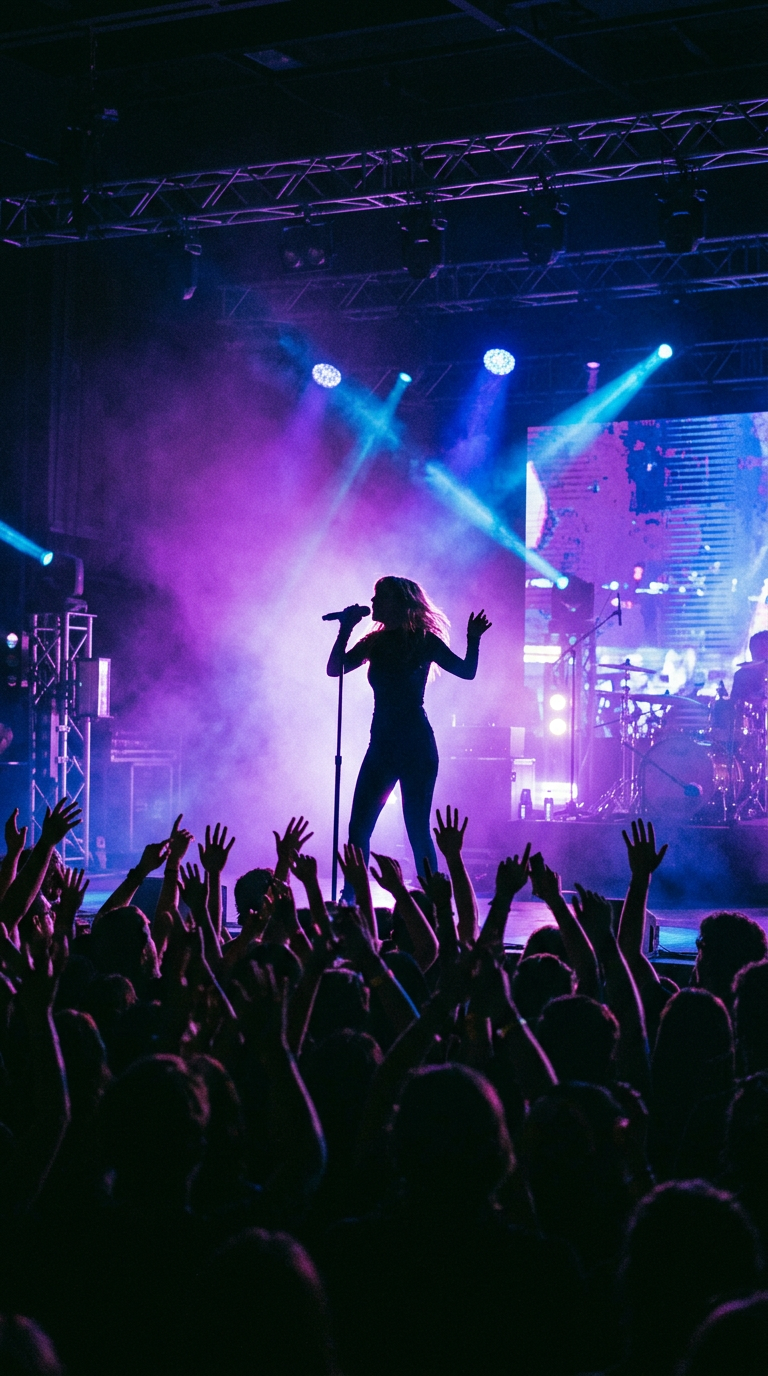 Silhouette of a performer singing into a microphone under purple and blue stage lights