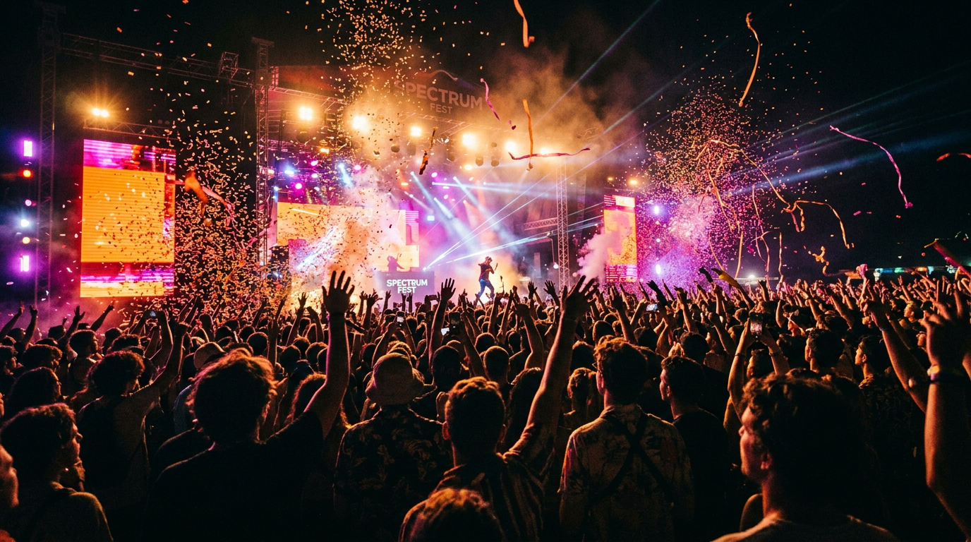 Festival crowd with hands raised under warm orange and magenta stage lights