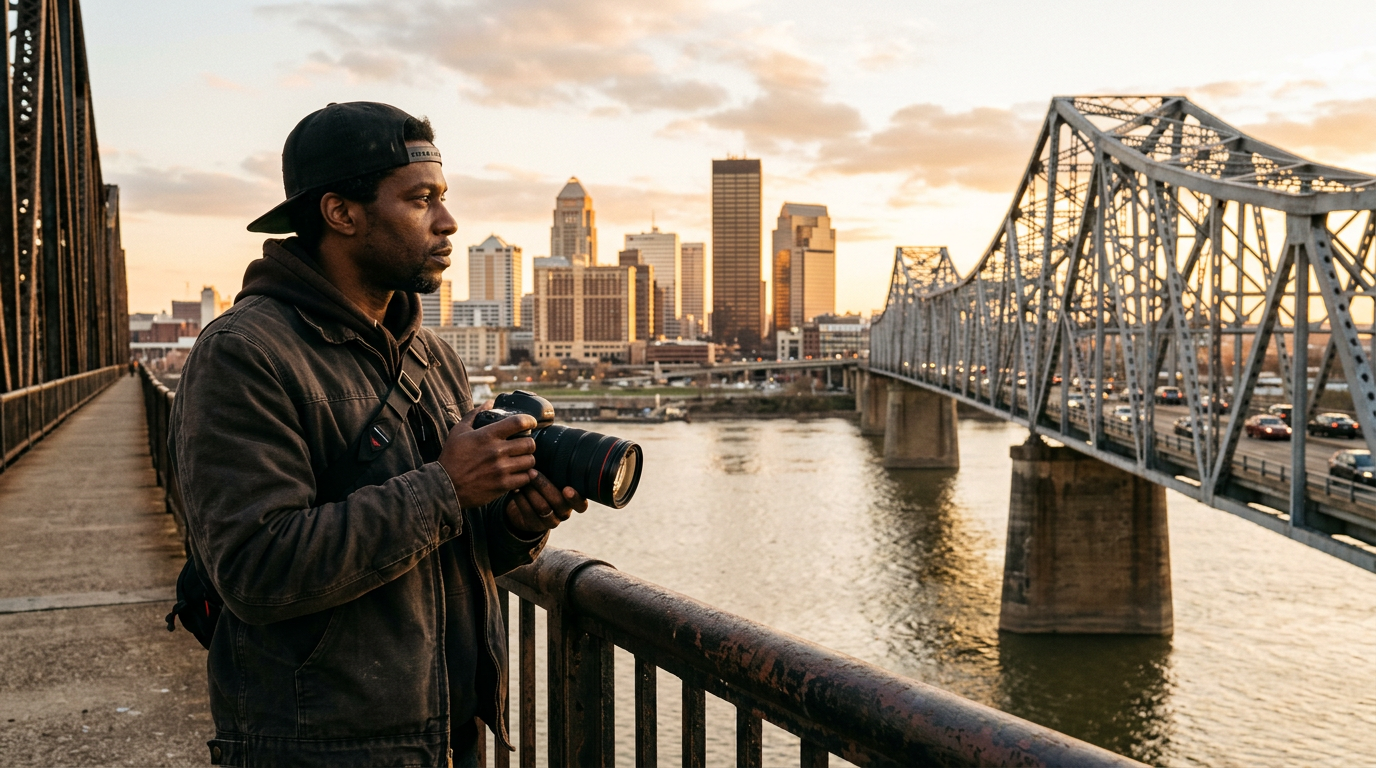 Earl, a Black photographer, holding a professional camera in front of the Louisville skyline at golden hour