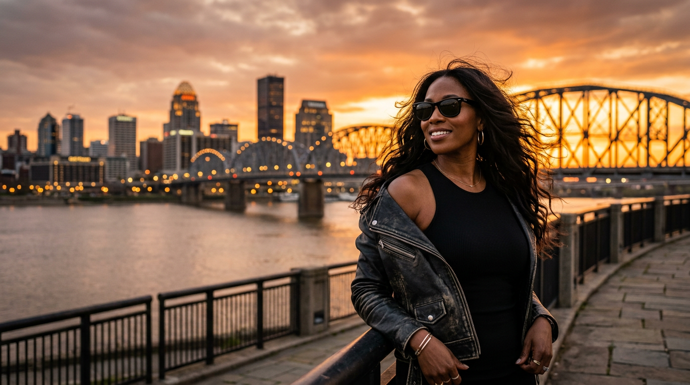 Black woman in sunglasses and a leather jacket in front of the Louisville skyline at sunset