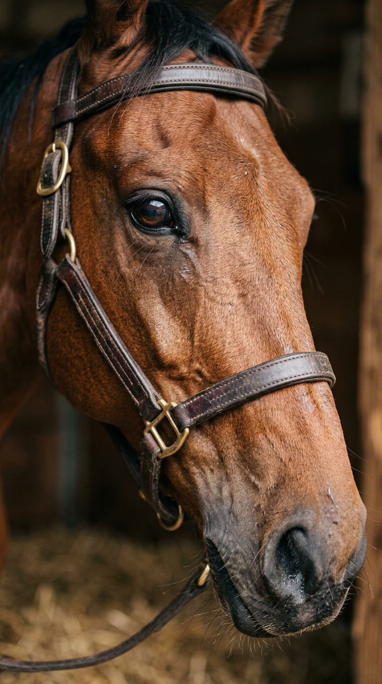 Intimate close-up of a racehorse's eye and face with a leather bridle