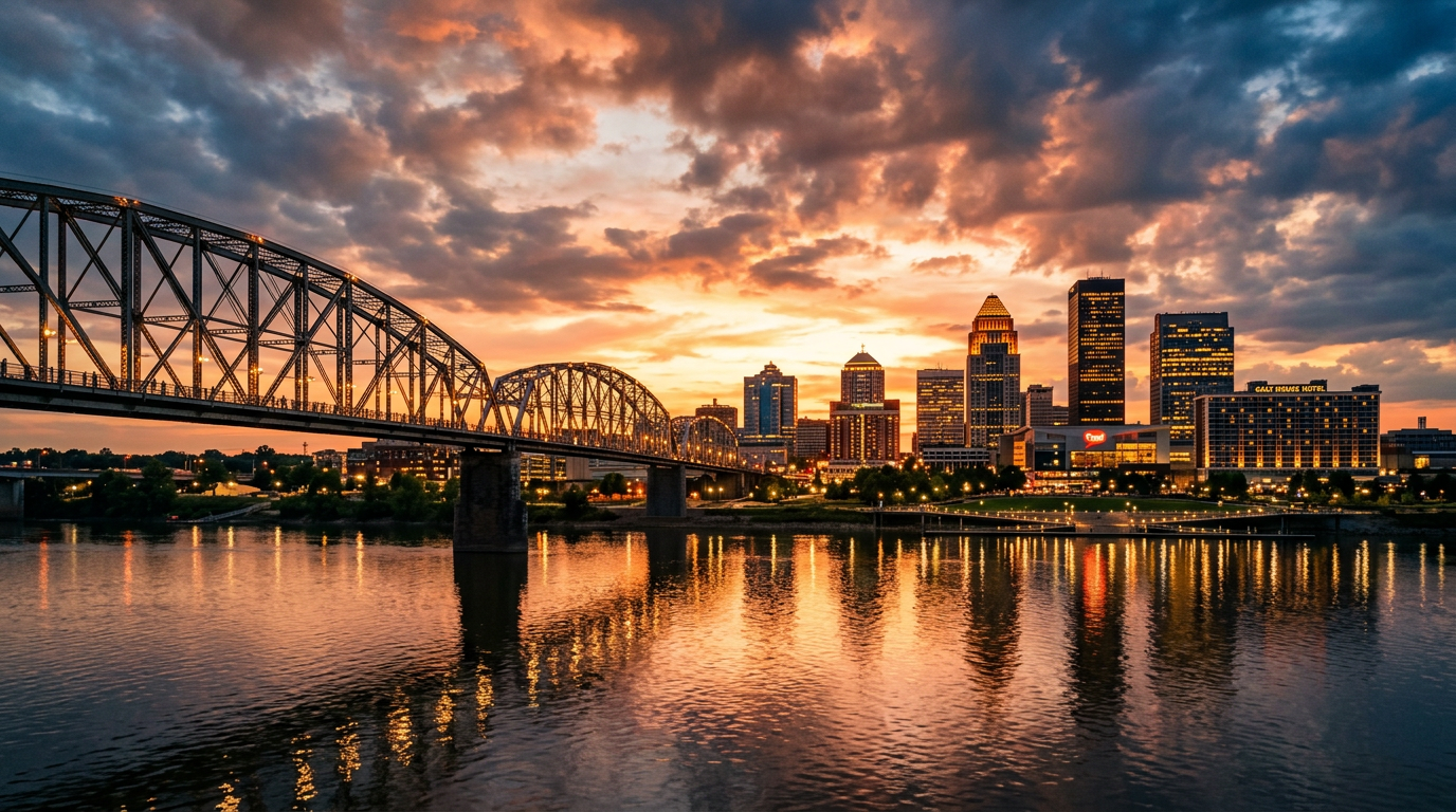 Louisville skyline and bridge at sunset