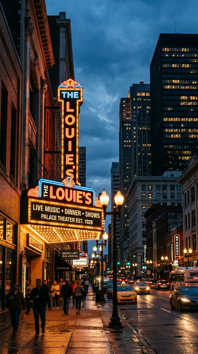Downtown Louisville street at dusk with glowing theater marquee lights