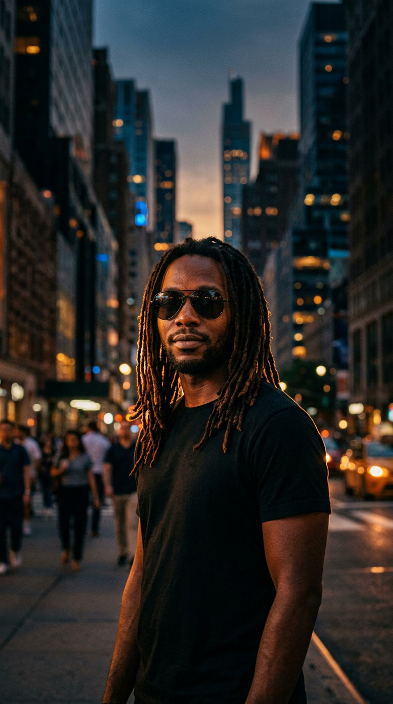 Black man with dreadlocks and sunglasses in front of blurred city buildings at dusk