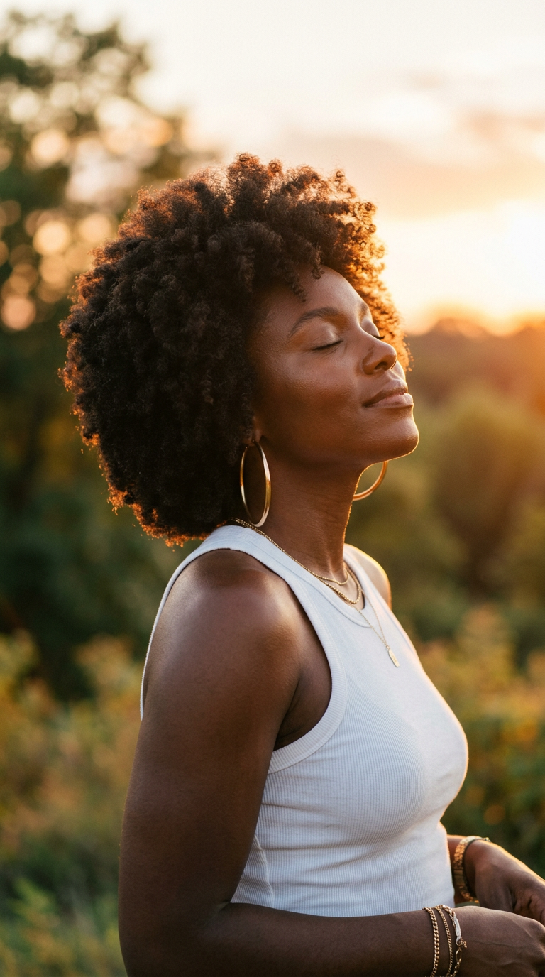 Black woman with a natural afro and gold hoop earrings lit by warm golden-hour light