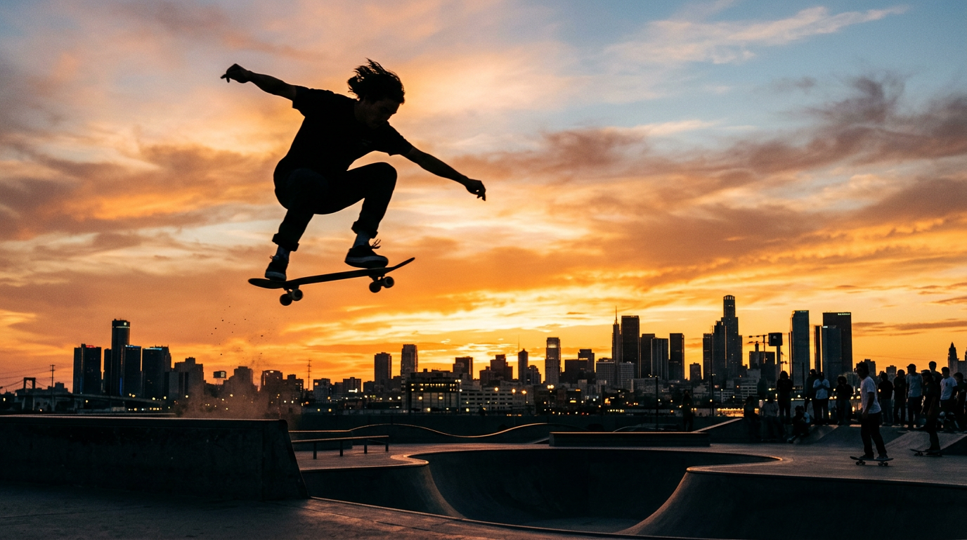 Skateboarder silhouette against a city skyline