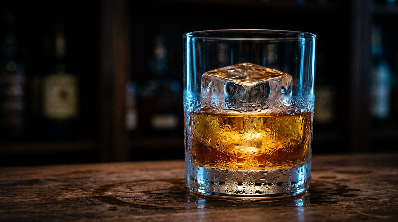Glass of bourbon whiskey with a large ice cube glowing amber against a dark background